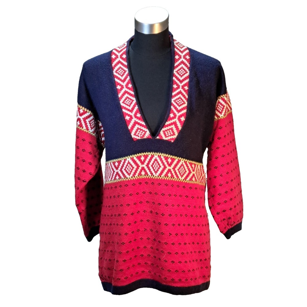 VTG Hand Knit Pullover V-Neck Sweater‎ Blue and Red Size M
